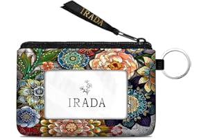 IRADA ID Case Wallet Keychain with Clear ID Window Zipper Cute Coin Purse for Women Water Resistant Small Coin Pouch-Boho Floral Keychain Wallet