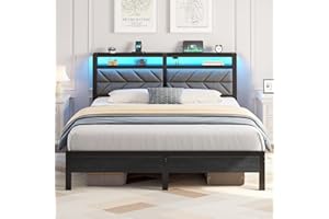 Seventable Bed Frame King Size with Charging Station, LED Bed with Upholstered Storage Headboard, Metal Platform Bed with Und