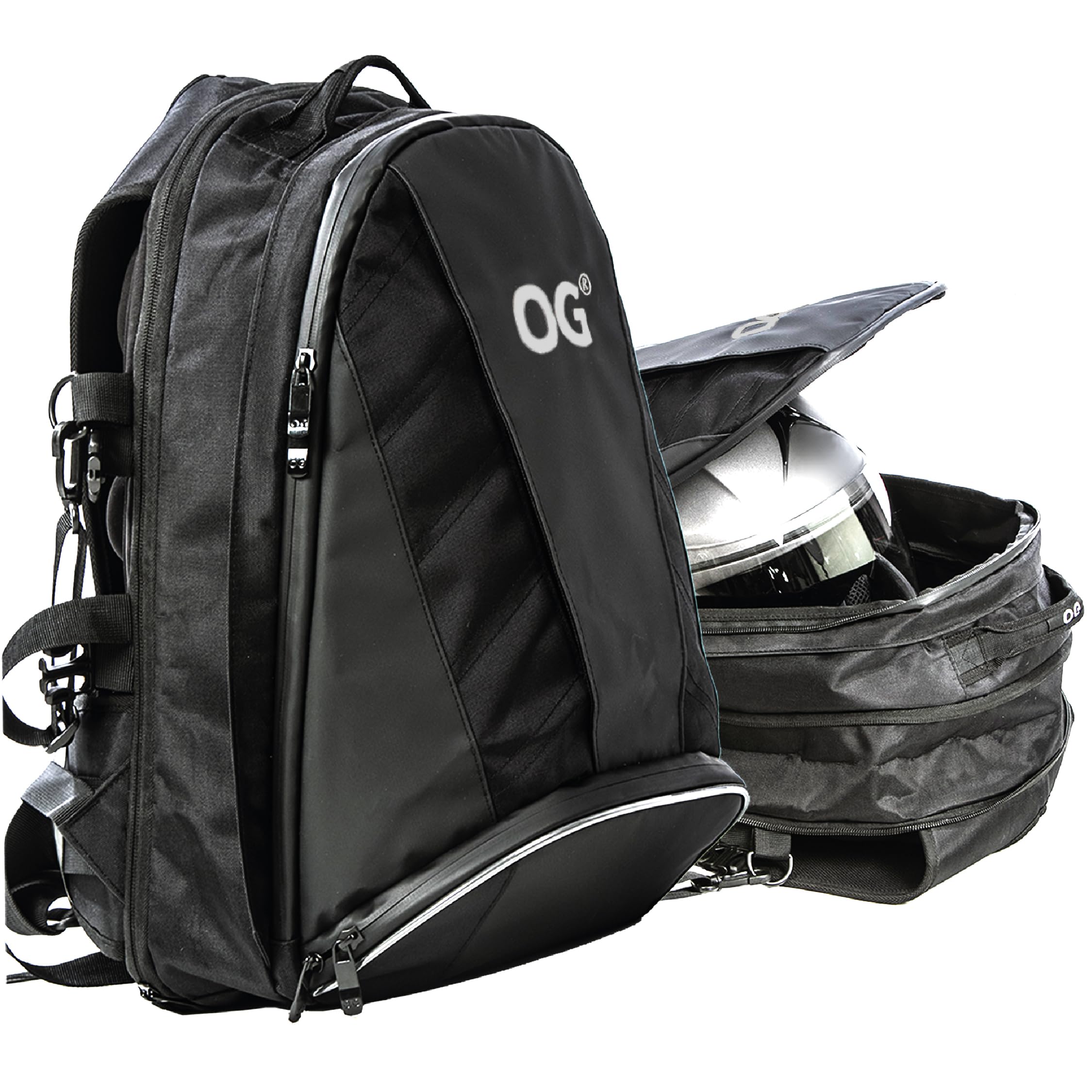 OG Original EZ-Rider PRO Motorcycle Backpack Black Expandable 28-35L, Motorbike Helmet Bag, Helmet Strap, Waterproof, Laptop Rucksack, Reflective (White Logo)