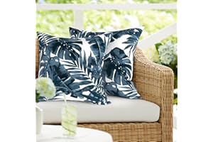 DYTXIII Pack of 2 Outdoor Waterproof Pillow Covers ONLY, Square Decorative Double Printed Pillow Cases for Patio Couch Porch Chairs Pack of 2 (18 x 18 in,Palm Blue)