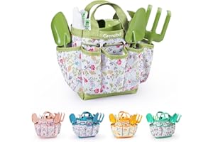 GRENEBO Kids Gardening Set Toys, Quality Garden Tool Kit for Kids and Toddlers, Includes Two Shovels, Garden hat,Rake, Apron,Gloves, Watering Can, and Tool Bag (Green)