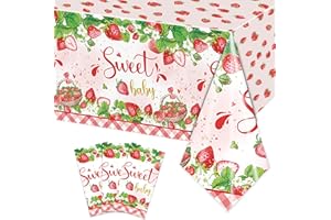 Rejoice Bunny 3PCS Strawberry Tablecloths for Girls Baby 1st Birthday Party Sweet One Berry Themed Baby Shower Decorations Disposable Plastic Table Cover Party Supplies -54x108IN