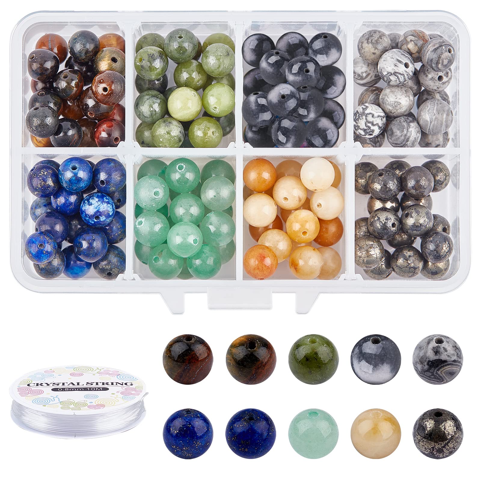 NBEADS 144 Pcs Natural Gemstone Beads, Round Stone Loose Beads with Elastic Crystal Thread DIY Jewelry Set Kits for Bracelet Necklace Earrings Jewelry Making