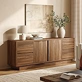 ModernMate 70'' Wide TV Stand for TVs Up to 75'', Wood Entertainment Center with Sliding Doors and Drawers, Television Console Storage Cabinet with Adjustable Shelves for Living Room, Bedroom, Walnut