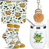 Maxcheck 4 Pcs Sloth Gift Sets for Women Sloth Stuff Include 12oz Stainless Steel Tumbler with Lids Straw Makeup Bag Socks Keychain for Animal Lover Women Friends Sister Birthday Party Favors