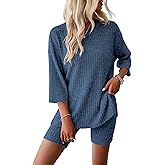 HBQ Womens 2 Piece Lounge Sets Ribbed Knit 3/4 Sleeve T-shirt Biker Short Loungewear Sweatsuits Sleepwear Pajamas