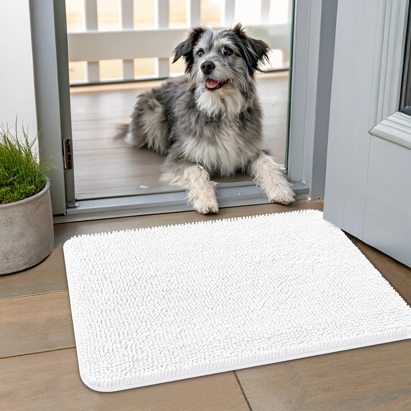 Photo 1 of Smiry Dog Door Mat for Muddy Paws 24x16, Absorbs Moisture and Dirt Doormat, Non-Slip Washable Quick Dry Chenille Front Door Mat Indoor Entrance, Entryway Carpet for Inside Floor, White