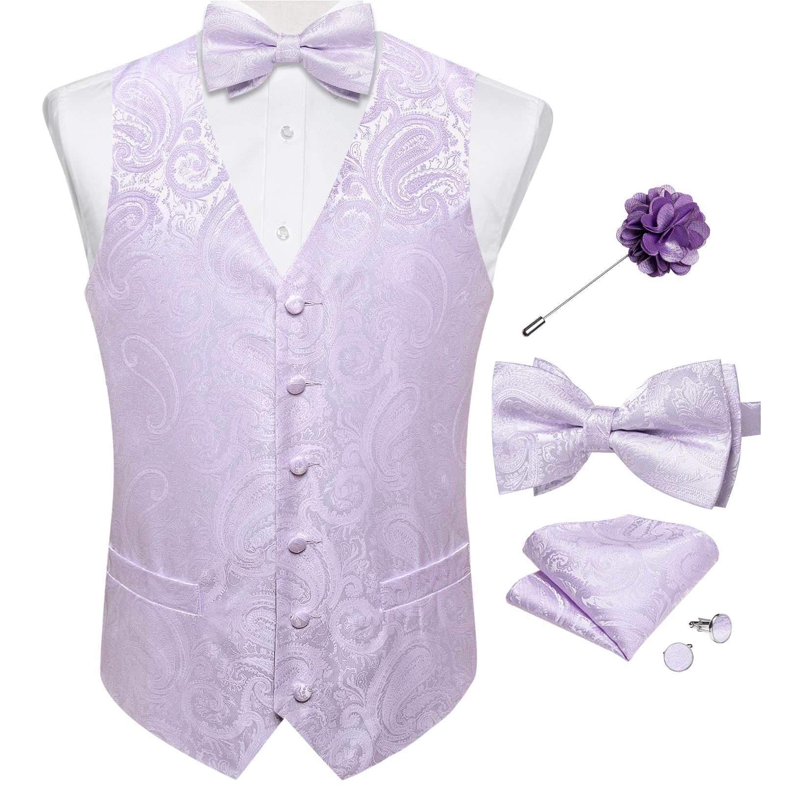 Photo 1 of DiBanGu Mens Paisley Suit Waistcoat,Silk Dress Vest and Bowtie Pocket Square Cufflinks with Lapel Pin Set for Wedding Tuxedo, Lilac, Medium
