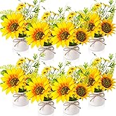 Zeyune 8 Pcs Artificial Sunflower Potted Plants Rustic Silk Sunflowers for Kitchen Spring Centerpieces for Tables Yellow Fake Flower with Plastic Pot for Summer Bathroom Wedding Office (White)