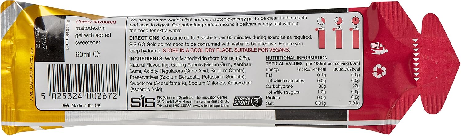Science In Sport GO Isotonic Energy Gels, Running Gels with 22g Carbohydrates, Low Sugar, Cherry Flavour, 60ml Per Serving (30 Pack) - Image 3