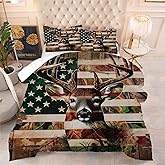kxry Elk USA American Flag Camo Hunter Comforter Set Twin Size Hunting Woodland Moose Wildlife Forest Deer Bedding Set for Boys Kids Teens US Stars Stripes with 1 Comforter + 1 Pillow Case