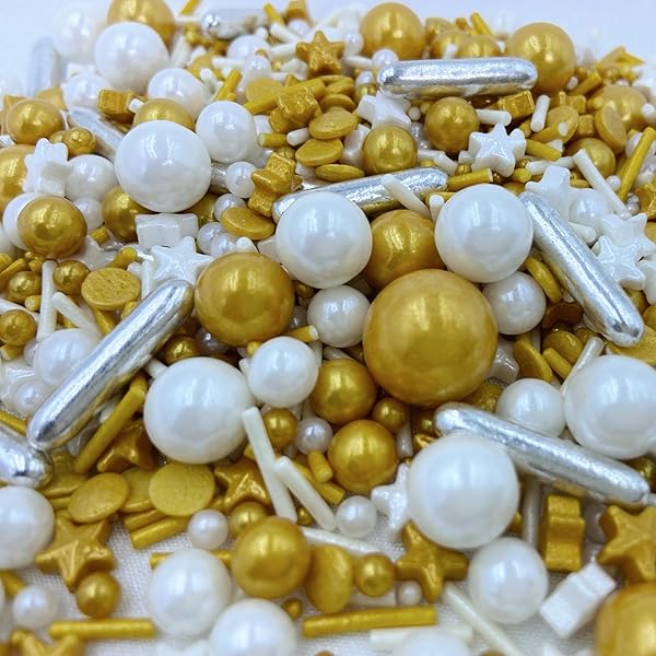 WHITE DELUXE GOLD SPRINKLES FOR CAKE DECORATING 4 OUNCE – SUGAR MIX PEARL SPRINKLES FOR CUPCAKE TOPPERS, ICE CREAM, CANDY, COOKIE DECORATIONS – HOLIDAY PARTY SUPPLIES