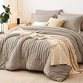 CozyLux King Size Comforter Set Khaki Seersucker 7 Pieces Bed in a Bag King Comforter Set with Sheets, Luxury Soft Bedding Set with Down Alternative Comforter, Sheets, Pillowcases & Shams All Seasons