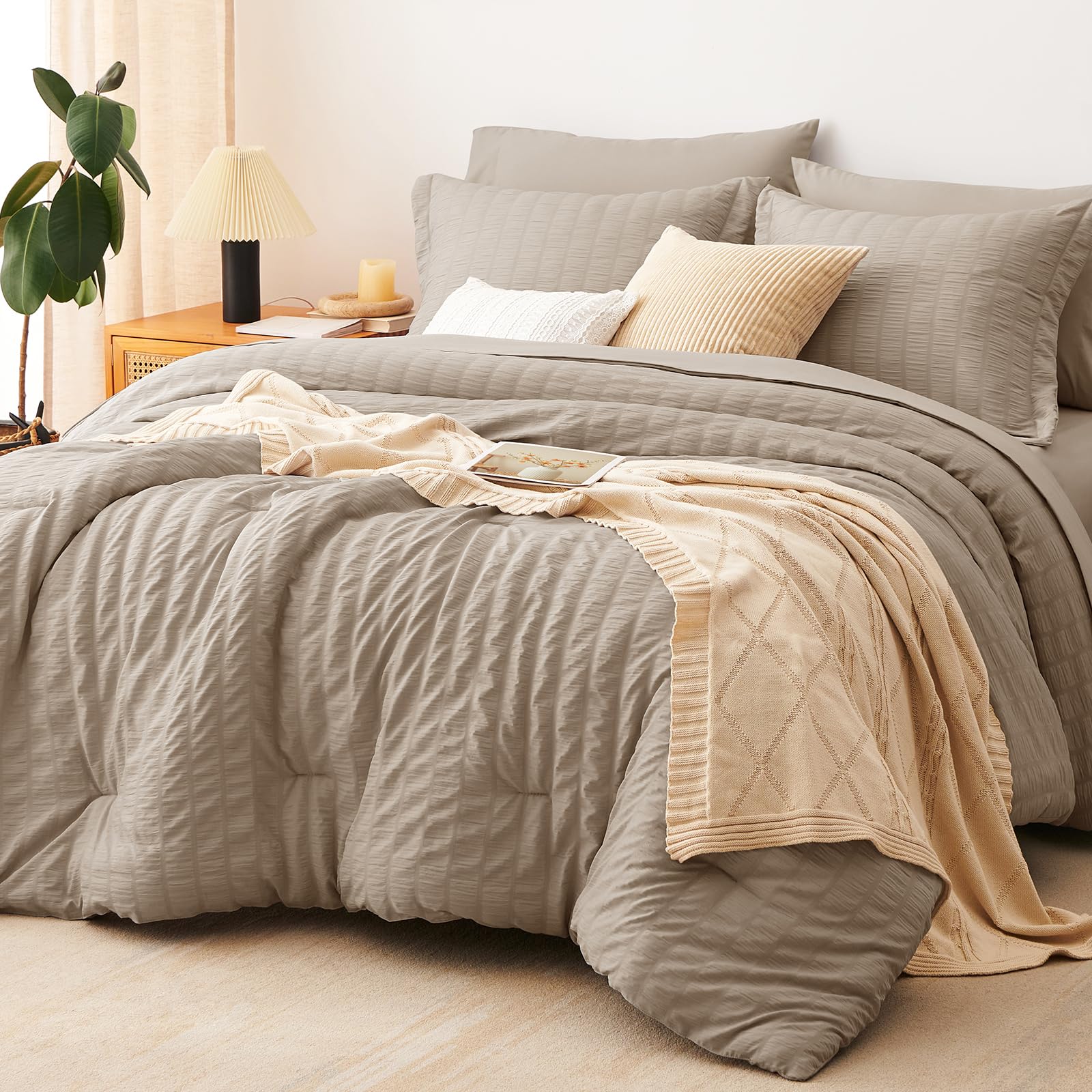 Photo 1 of ***HAS WEIRD SMELL** CozyLux Queen Comforter Set Khaki Seersucker 7 Pieces Bed in a Bag Queen Comforter Set with Sheets, Luxury Soft Bedding Set with Down Alternative Comforter, Sheets, Pillowcases & Shams for All Seasons