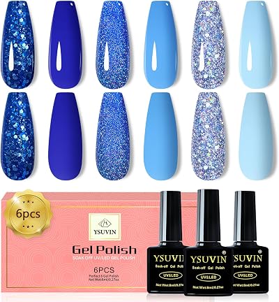 Yueshop 6 Colors Blue Gel Nail Polish Set Glitter Ocean 8ml Each