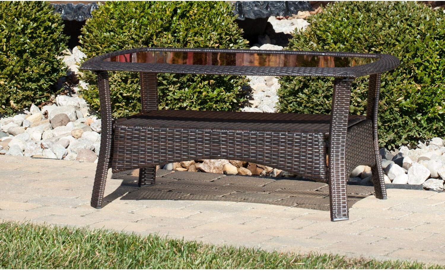 Hanover STRATHMERE1PC-TBL Tempered Glass Tabletop Strathmere 25-in. x 41-in. Woven Patio Coffee Table, Brown : Garden & Outdoor