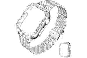DABAOZA Compatible for Bling Apple Watch Band Women with Bumper, Glitter Case Cover Stainless Steel Mesh Loop Strap Metal for iWatch Series 9 8 7 6 5 4 3 2 1 SE Ultra 2/1