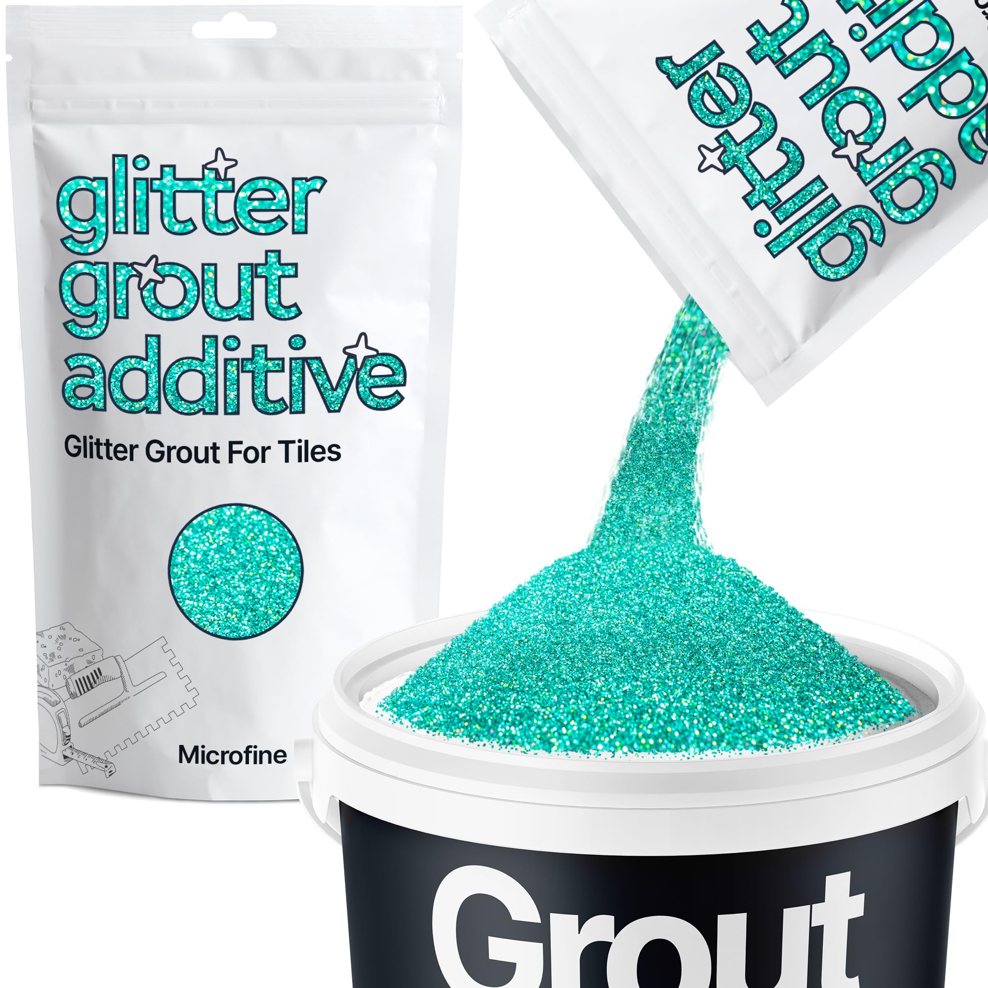 Hemway Turquoise Blue Holographic Glitter Grout Additive Microfine 100g Flakes for Adding Sparkle to Kitchen & Bathroom Tiles | Enhance Your Indoor Grouting Projects with a Durable Sparkly Effect