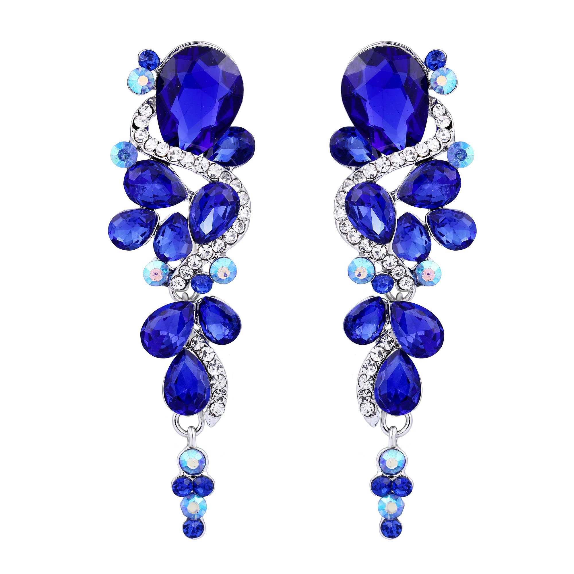 Clearine Bohemian Boho Multiple Teardrop Crystal Long Drop Dangle Chandelier Wedding Bridal Earrings for Women Royal Blue Silver-Tone