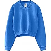 Hatant Sweatshirt for Women Acid Wash Athletic Hoodies Heritage Fleece V-neck Long Sleeve Hoodie Y2K Crop Pullover Women Sweatshirt Cotton Fleece Lined Hoodies Workout Pullover Shirt Bright Blue-XL