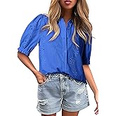Dokotoo Women's Summer Tops Dressy Casual V Neck Short Sleeve Button Up Hollow Out Eyelet Lace Embroidered Blouses Shirts