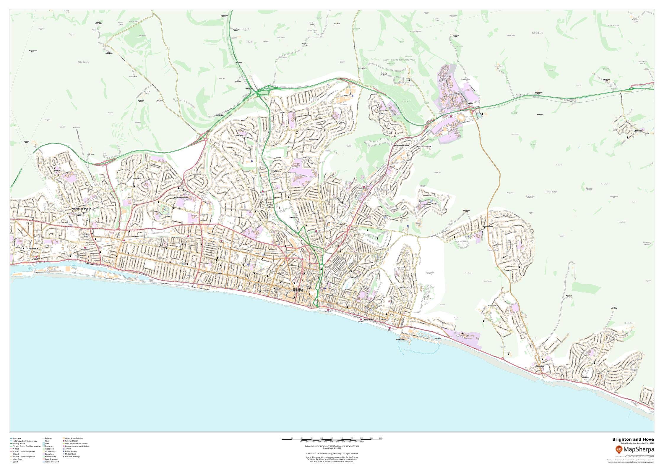 Brighton and Hove - 47" x 33.25" Paper Wall Map