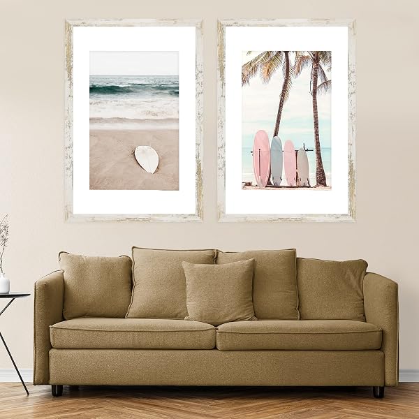 HONGKEE 16X24 FRAME SET OF 2, DISTRESSED WHITE WOOD STYLE – DISPLAY 16 X 24 PICTURE WITHOUT MAT OR 12X18 PICTURE WITH MAT, WALL MOUNTING HORIZONTAL AND VERTICAL