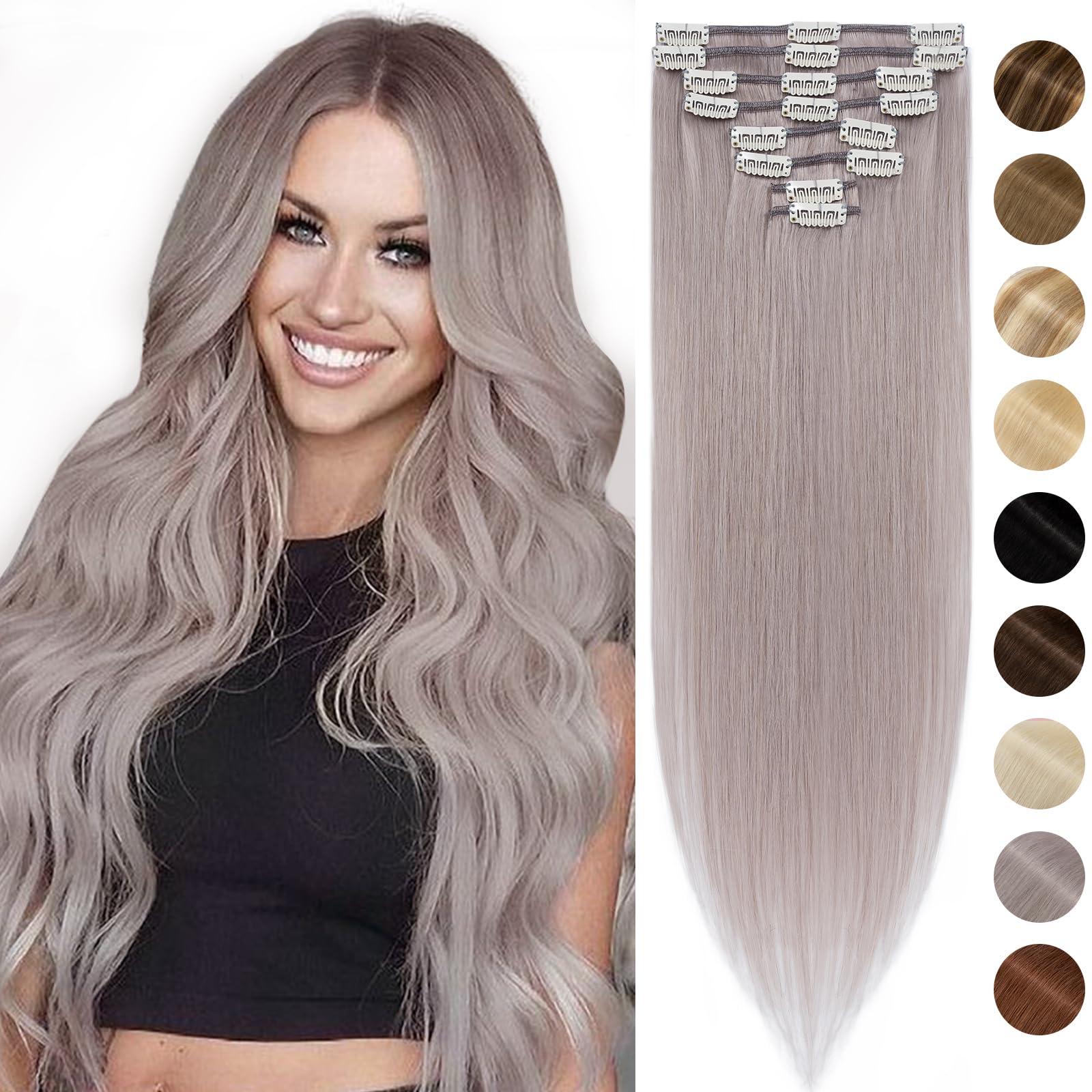 Silk-co Hair Extensions Clip in Hair Extensions 10inch Real Human Hair 100% Remy Straight Hair Extension Grey Hair -Basic Thickness-Thin Weft- 8 PCS 50g