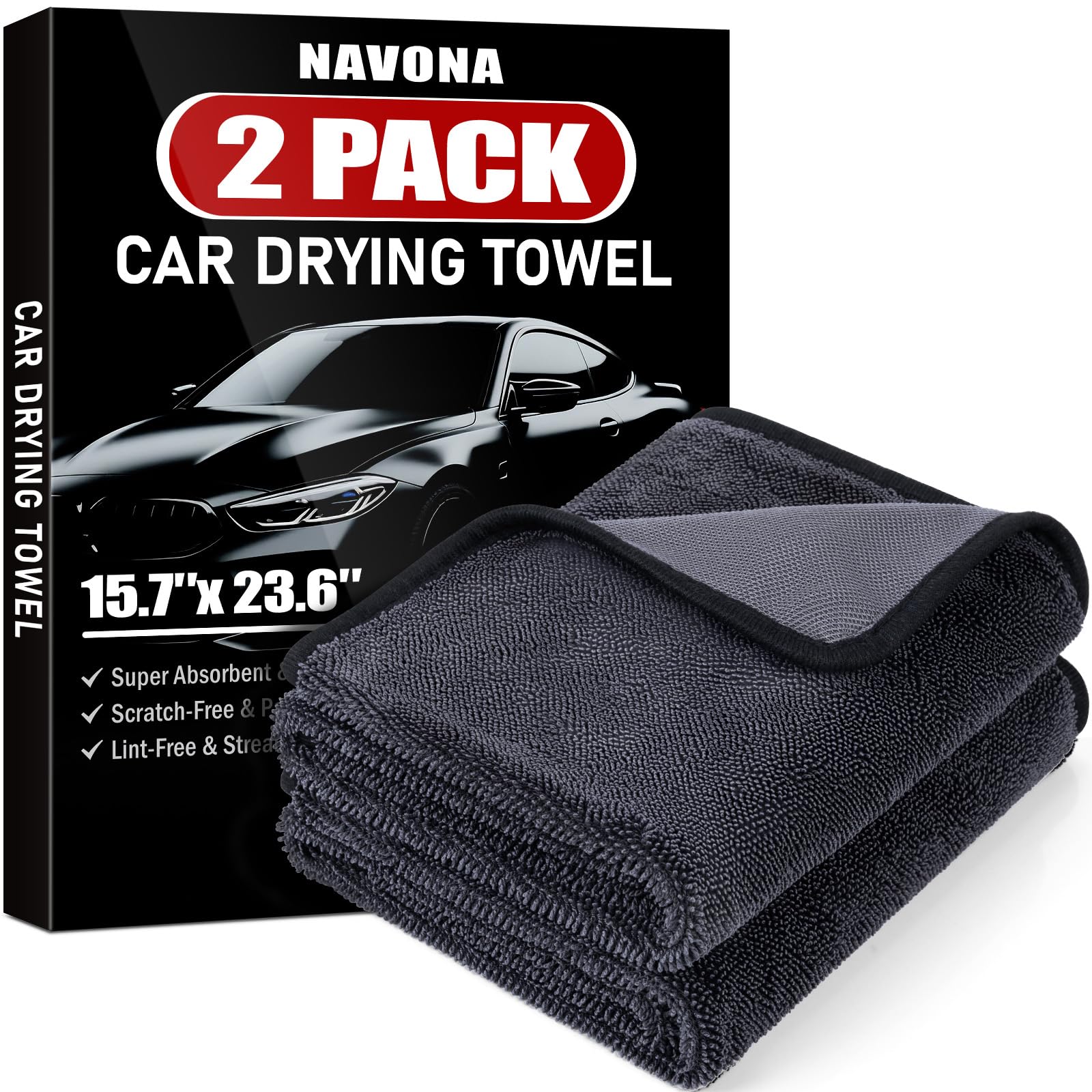 Photo 1 of 2-Pack Medium Size (23.6" x 15.7") Microfiber Towels, 600GSM Ultra Absorbent Car Drying Towels — Scratch-Free, Streak-Free, Lint-Free, Perfect for Cars, Shower Cabins, and Household Use