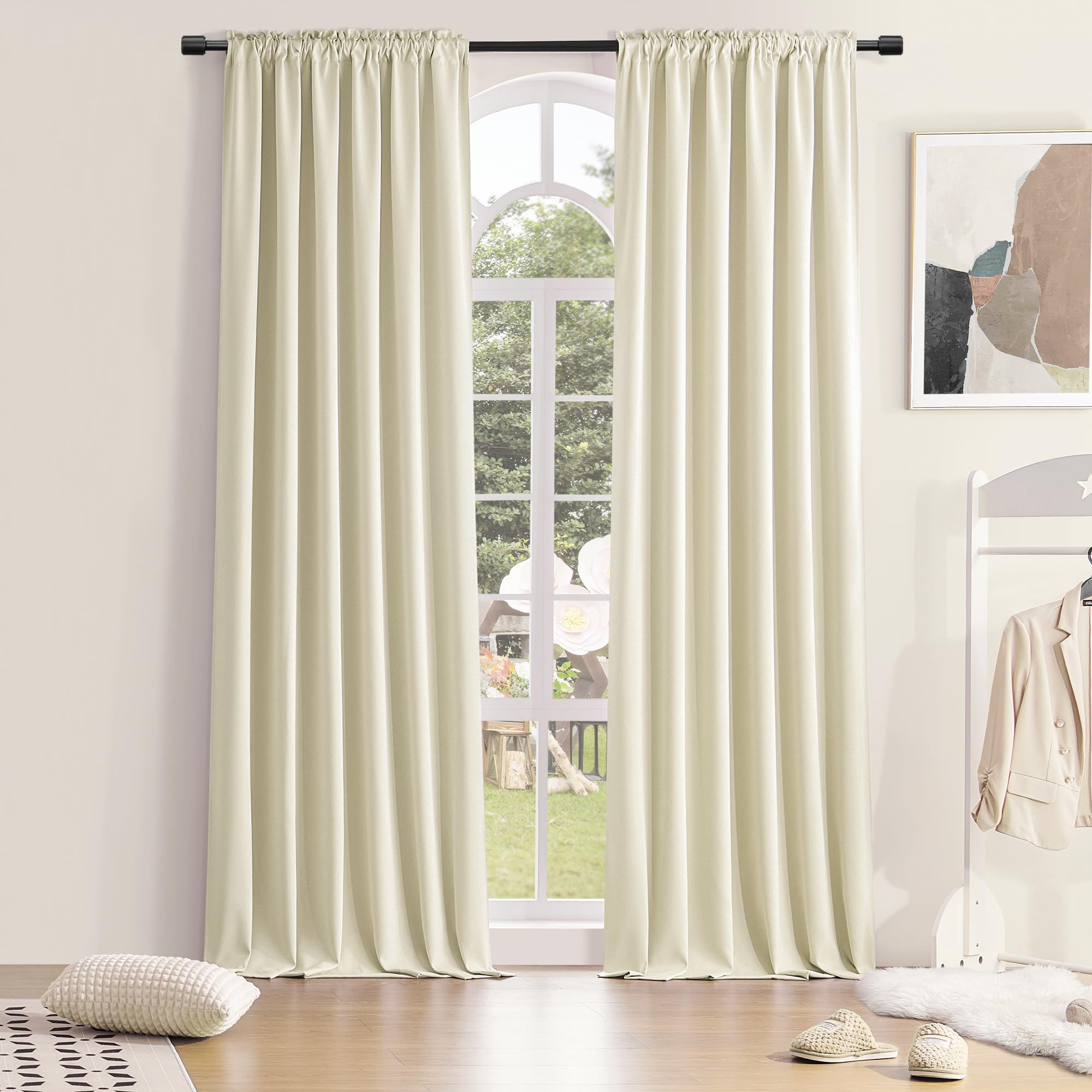 DONREN Thermal Room Darkening Draperies Window Curtain Panels - Easy Care Solid Rod Pocket Curtains for Dining Room (52 W x 96 L,2 Panels,Cream Beige)