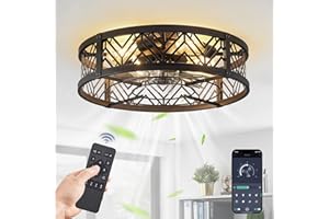 LEDIARY 20" Caged Ceiling Fan with Light, Small Flush Mount Ceiling Fan with App&Remote, Low Profile Bladeless Ceiling Fan for Bedroom, Kitchen, Dining Room-Black