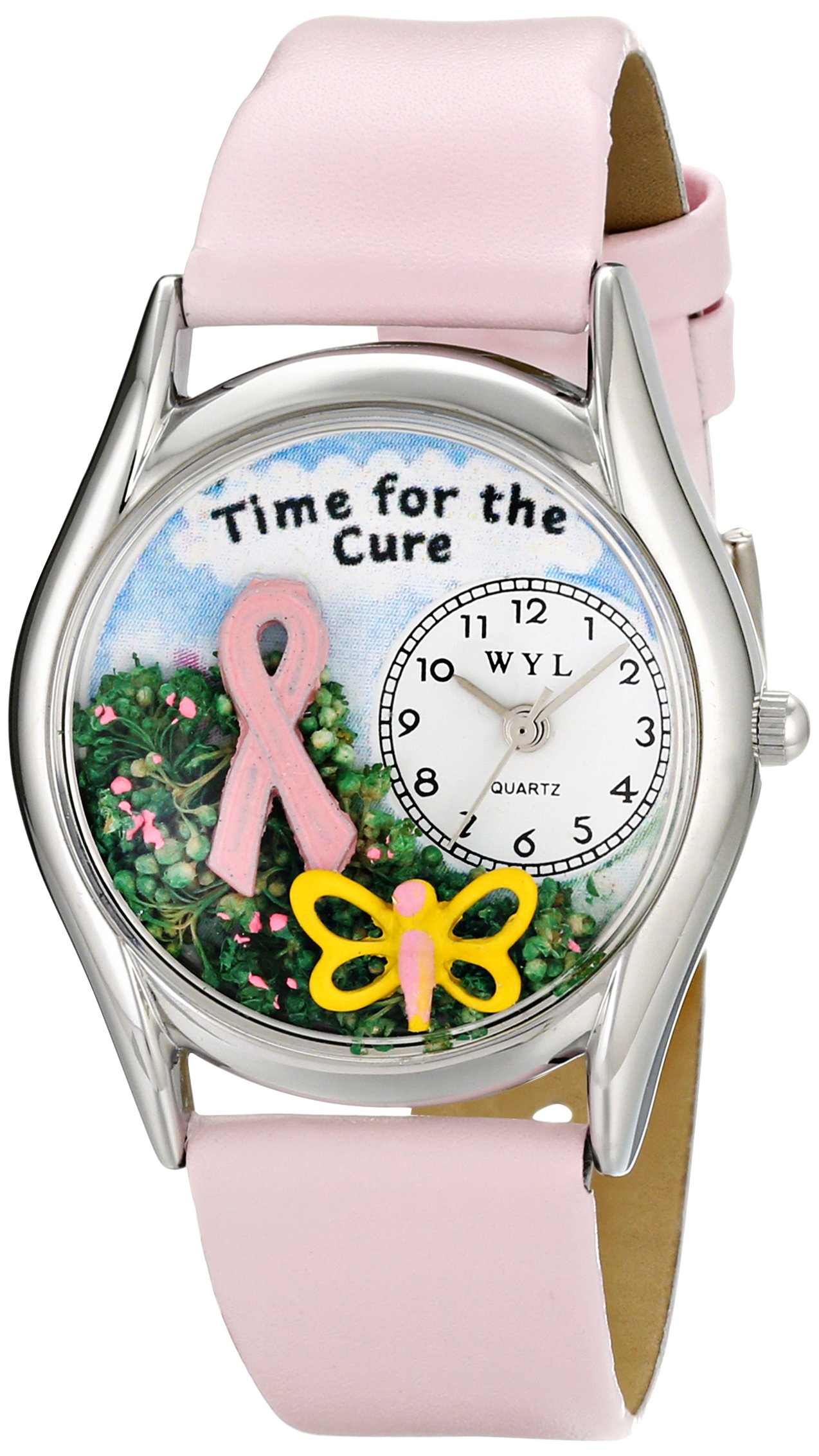 Whimsical Watches Time for the Cure Pink Leather and Silvertone Unisex Quartz Watch with White Dial Analogue Display and Multicolour Leather Strap S-1110002