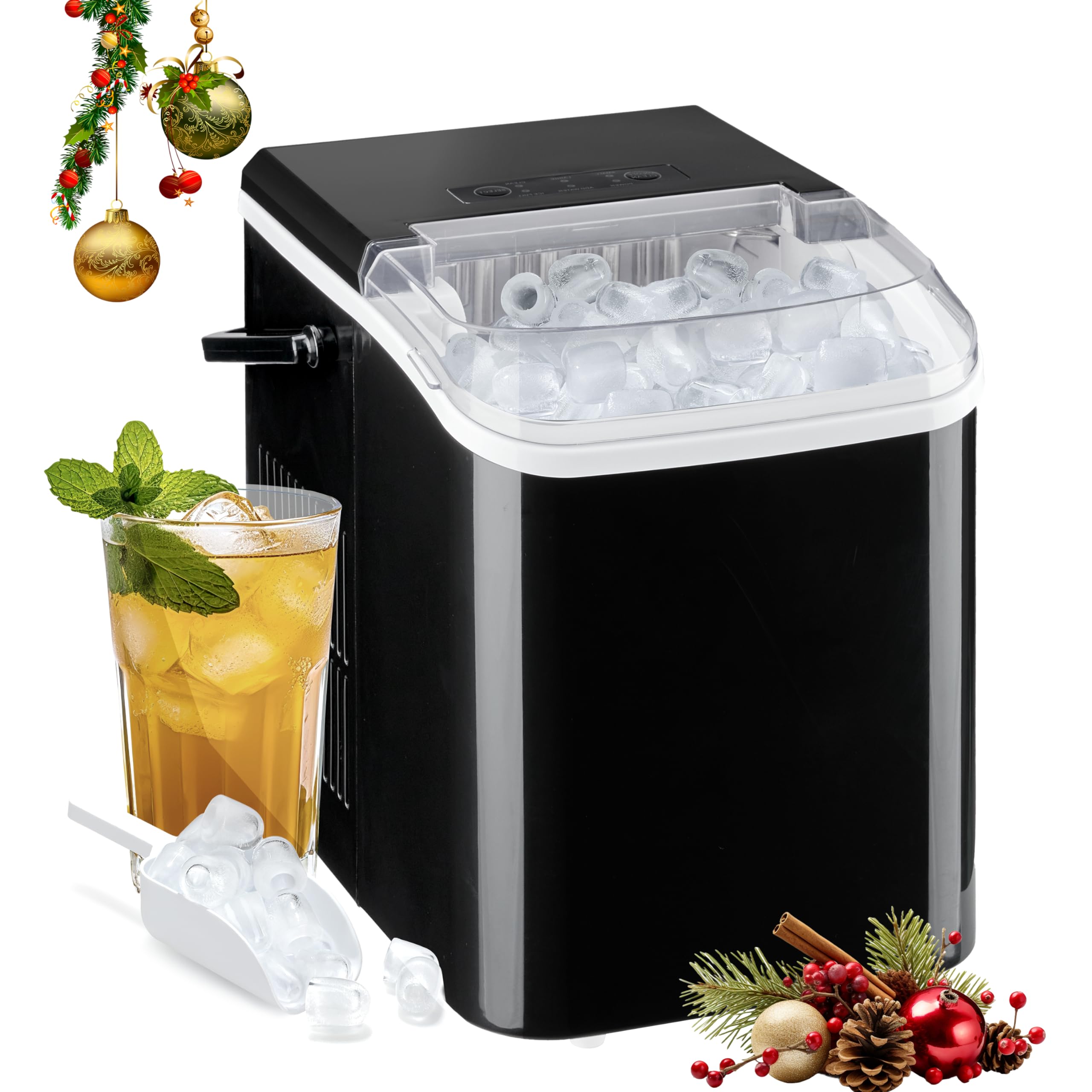 HealSmart Countertop Ice Maker Machine, Fast Making 9 Ice Cubes in 6 Minutes, Self-Cleaning with Scoop, Basket & Handle, 26.5lbs/24Hrs, 2 Sizes Bullet Ice, Portable for Kitchen, Office, Party, Black