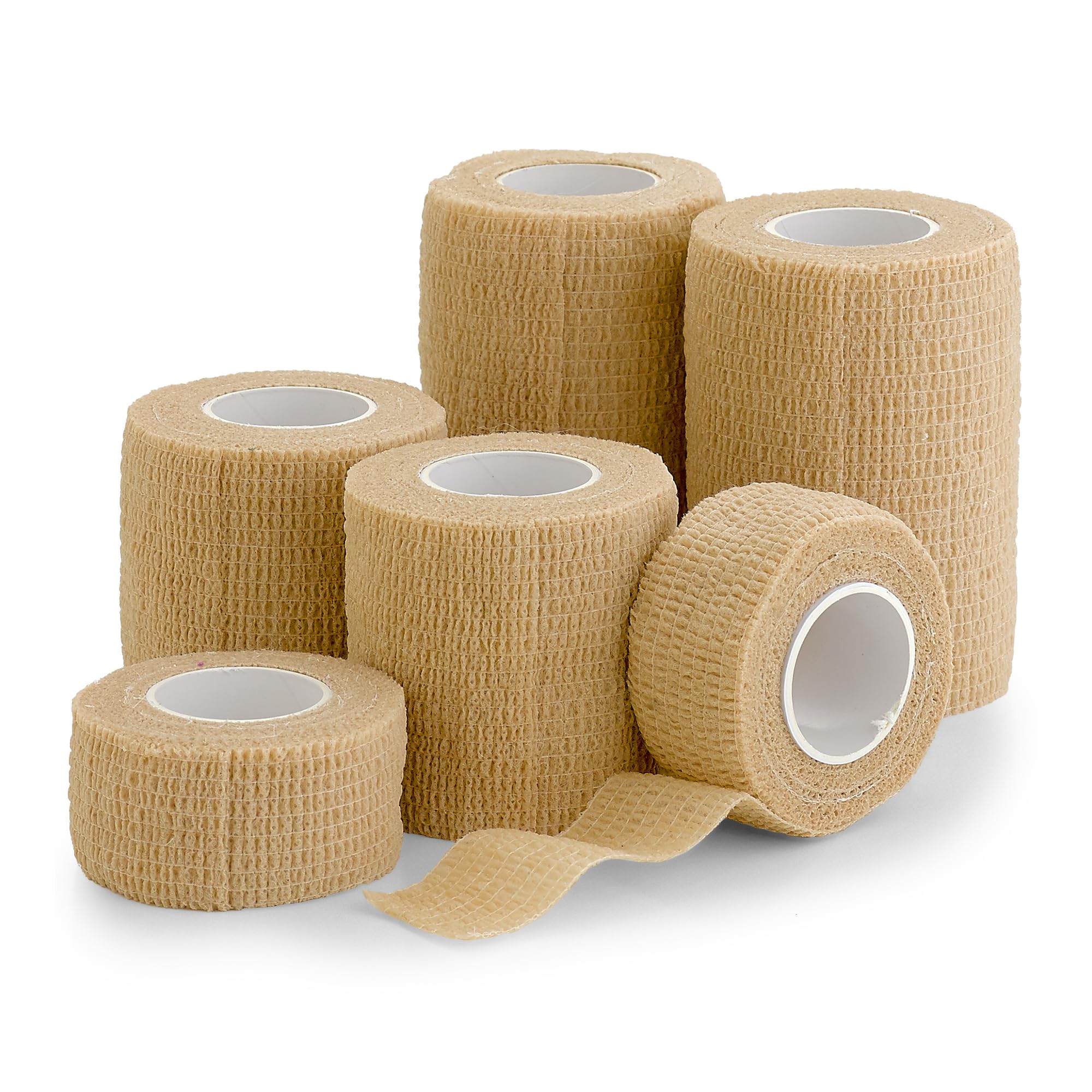 6 Pack, Self Adherent Cohesive Tape - 1" 2" 3" x 5 Yards Combo Pack, (Light Tan Shade) Self Adhesive Bandage Rolls & Sports Athletic Wrap for Ankle, Wrist, Sprains and Swelling - FDA Approved