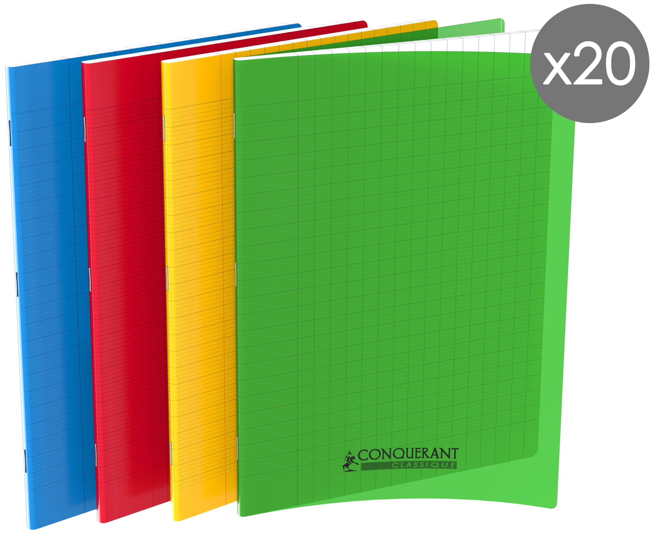 Conquerant Pack of 20 Classic Notebooks 24 x 32 cm Large Squared Seyès 48 Pages Stapled Polypropylene Cover Assorted Colours
