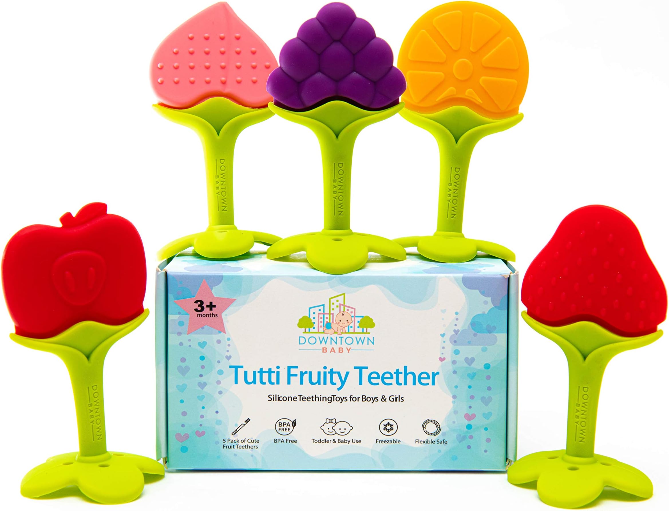 Silicone Teething Toys for Boys and Girls, 5 Pack of Cute Fruit Teethers, BPA Free and FDA Approved for Infant, Toddler, and Baby Use, Freezable and Flexible Safe