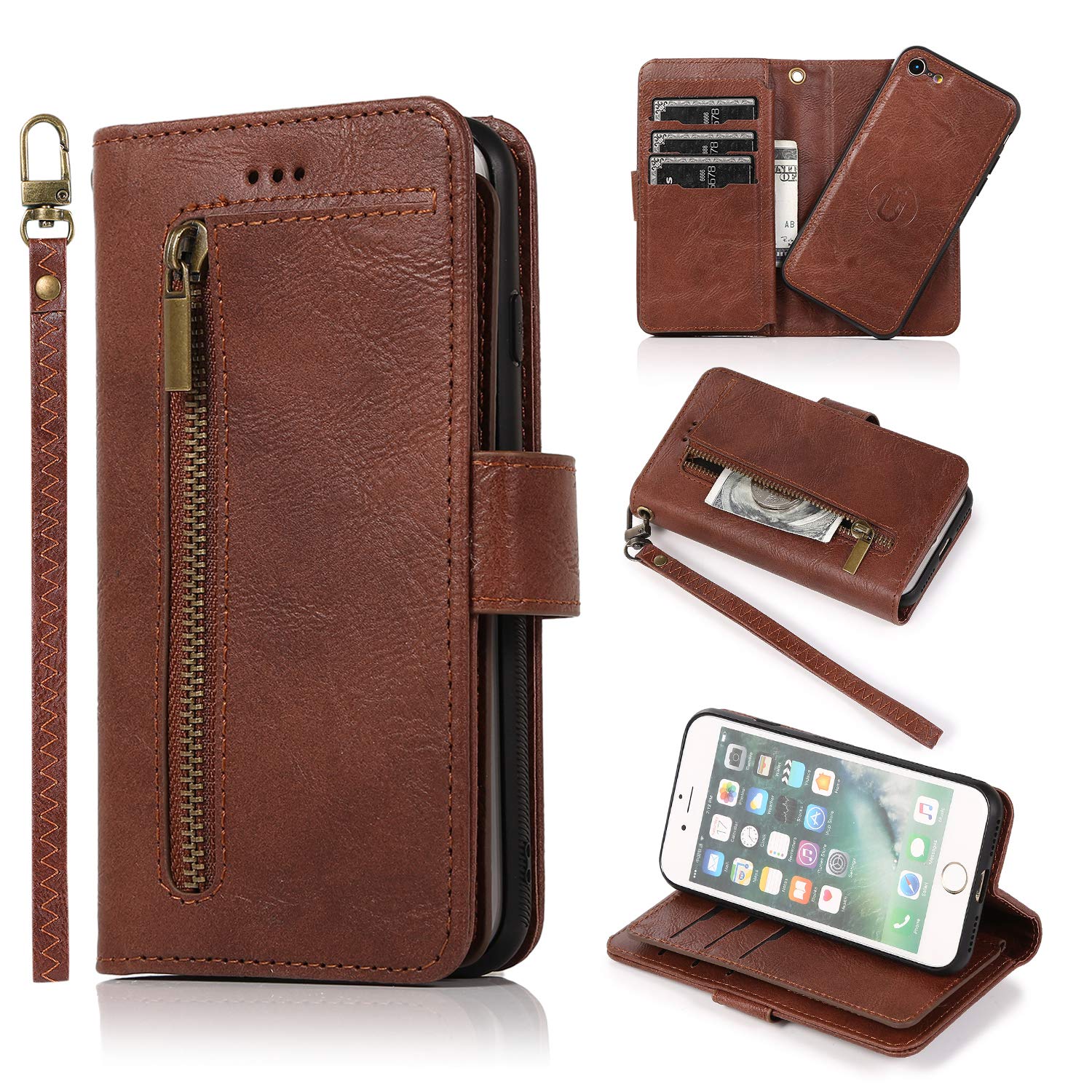 ZCDAYE iPhone 6 Plus Wallet Case 2 in 1 Magnetic Detachable Premium PU Leather Wallet Case with 9 Card Slots Kickstand for iPhone 6 Plus/6S Plus - Brown