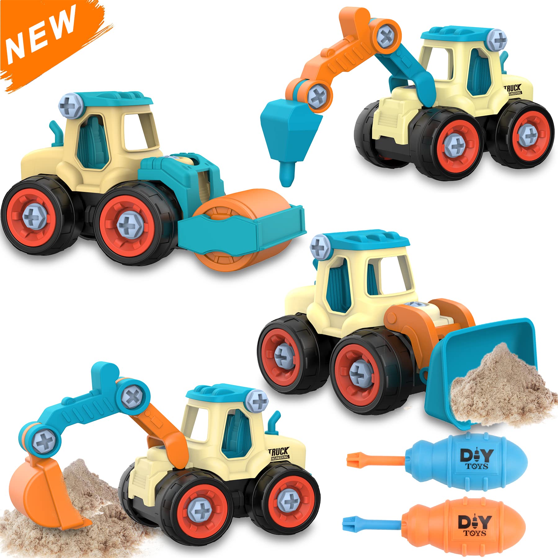 Vanplay Take-Apart Construction Vehicles Excavators Truck Toy With Storage Box, 6 In 1 DIY Building Educational Gift Sand Pit Toys For Boys Girls Age 3 4 5