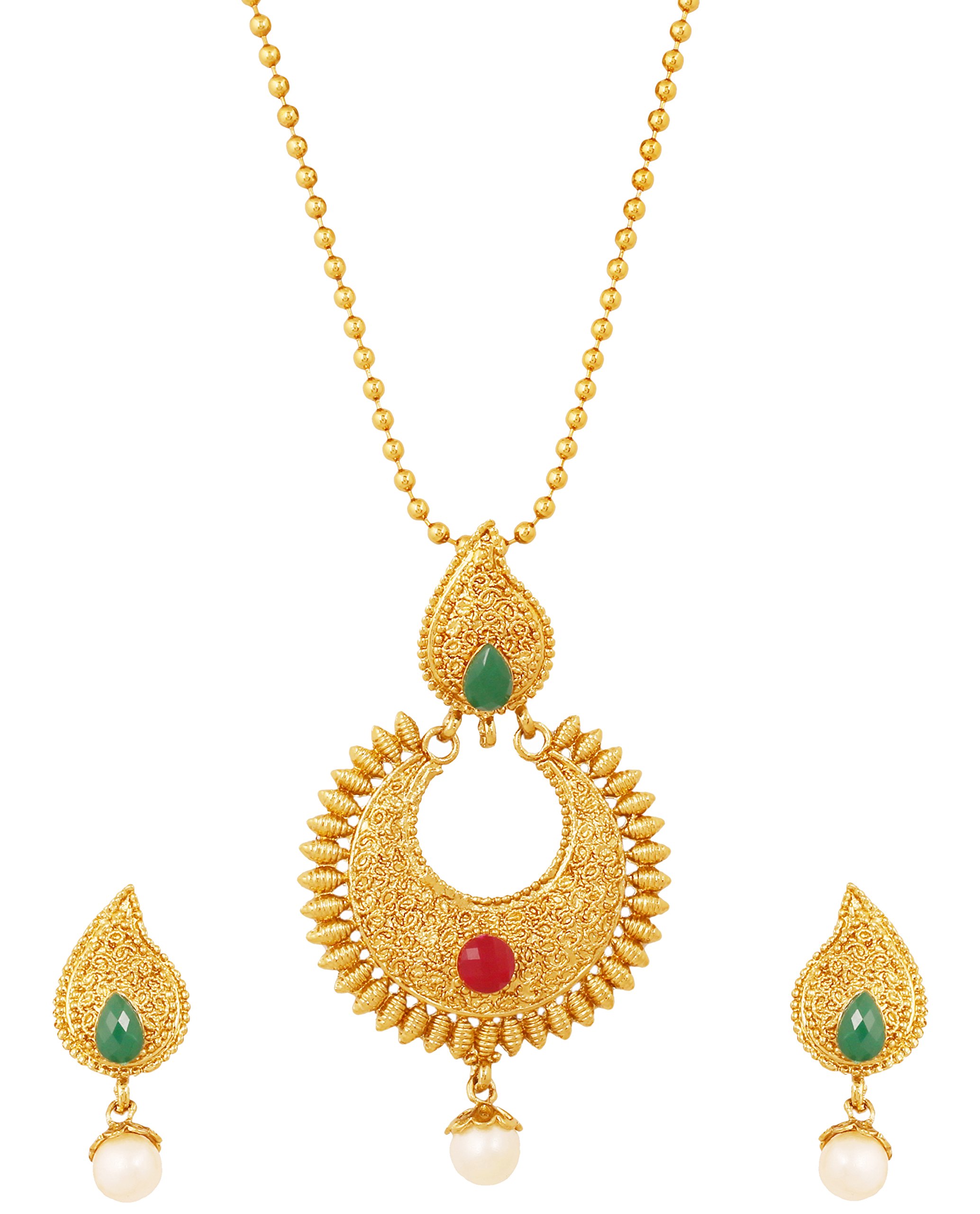Touchstone Indian Hollywood Faux Ruby Emerald Pearls Paisley/Temple Jewelry Pendant in Antique Gold Tone