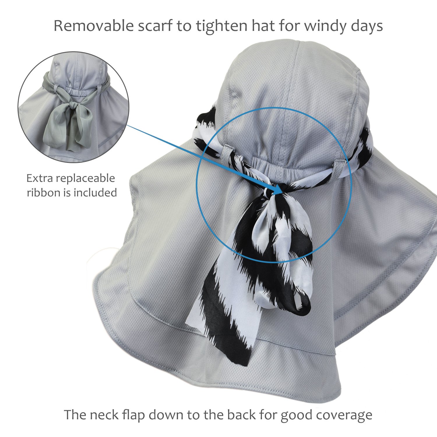 Solaris Women’s Sun Hat Neck Flap Wide Brim UV Protection UPF 50+ Foldable Fishing Cap with Extra Replaceable Ribbon Silver