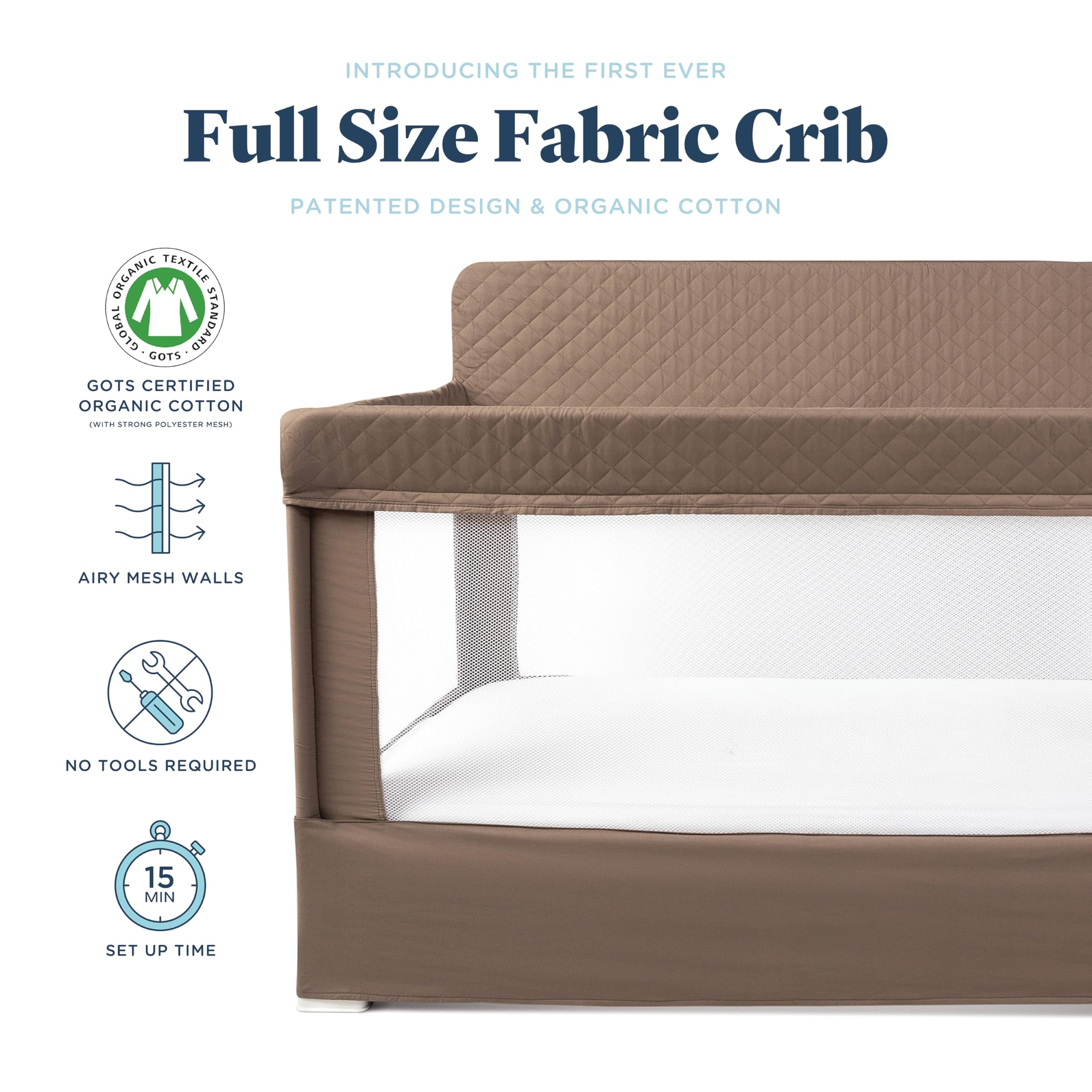 Baby Delight Lunaire Full Size Crib | Breathable Mesh Baby Crib | Tool-Free Assembly Baby Bed | 100% GOTS Certified Organic Cotton Fabric | Organic Mocha
