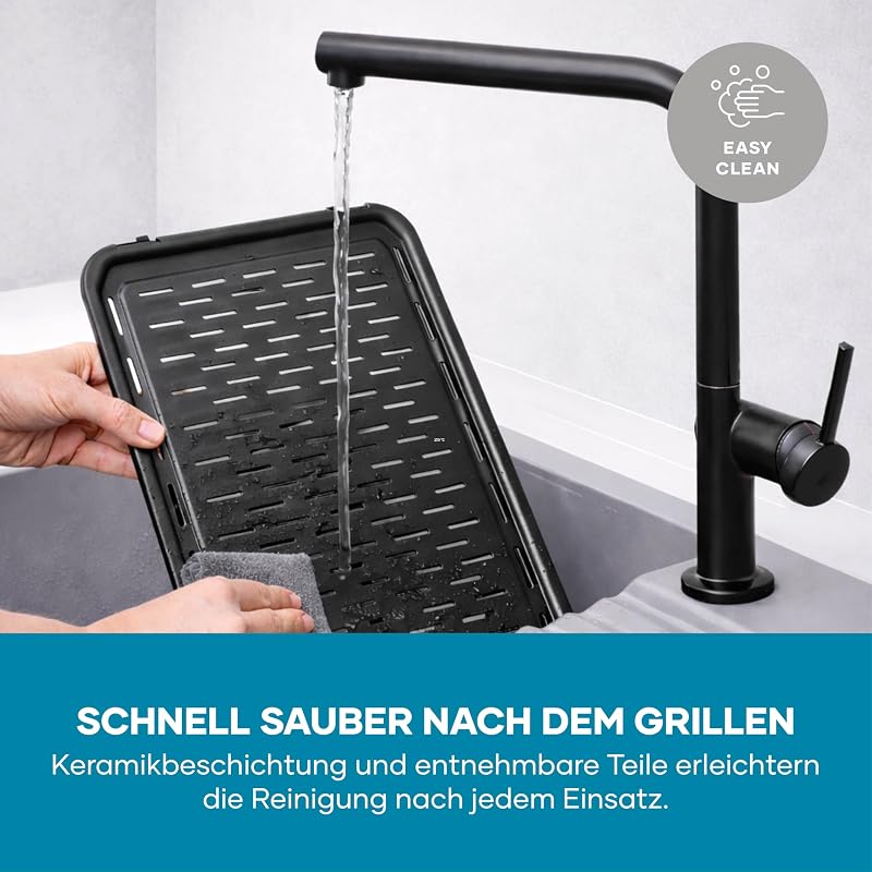 Tischgrill mit Standfuß, Standgrill & Tischgrill (Innen- & Außennutzung), Balkon & Küche, Temperaturen 40-220°C, schnelles Aufheizen, 39x23cm, leichte Reinigung, 2000W, schwarz, PG 8596