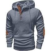 Mens Fashion Pullover Hoodies Long Sleeve Thermal Drawstring Button Texture Hooded Sweatshirt