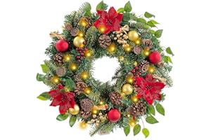 WANNA-CUL Pre-Lit 24 Inch Lighted Christmas Wreath for Front Door Luxury Red Gold Christmas Door Wreath Decoration with Ball Ornaments, Poinsettia Flowers,Berries, and Lotus, Battery Operated 30 LED