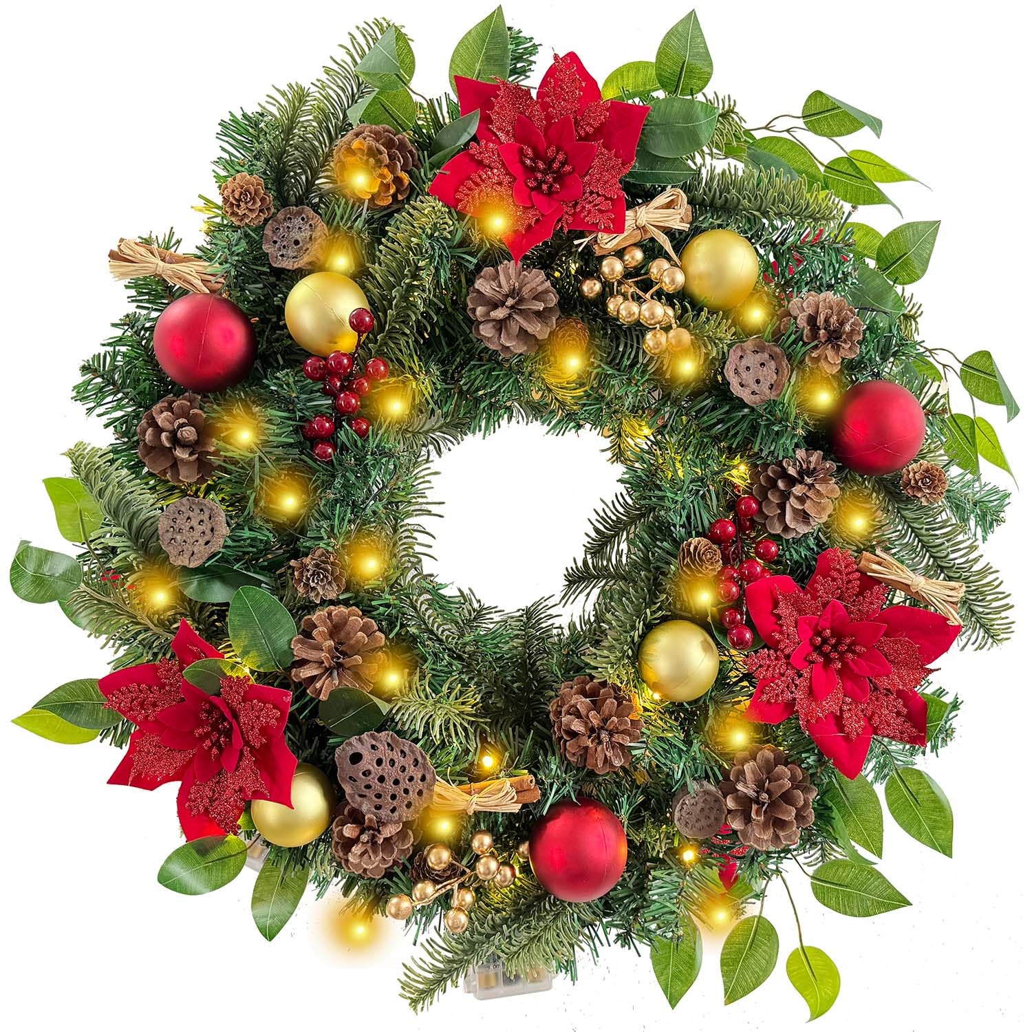 WANNA-CUL Pre-Lit 24 Inch Lighted Christmas Wreath for Front Door ...