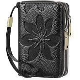 GOIACII Women's Wallet Double Zip Around Credit Card Holder Ladies Wallet Rfid Blocking Wristlet Purse Medium Size Leather Black