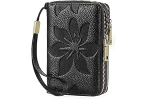 GOIACII Women's Wallet Double Zip Around Credit Card Holder Ladies Wallet RFID Blocking Wristlet Purse Medium Size Leather Bl