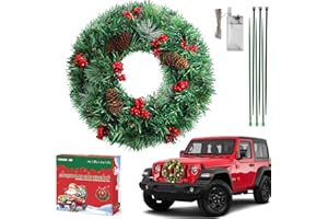 VOKOROAD Lighted Christmas Car Wreath, 13" Artificial LED Car Wreath with Pine Cones, Berry Clusters, Frosted Branches for Front Grill, Light Powered Christmas Wreath Decor Fit Jeep Truck SUV RV and Golf Cart
