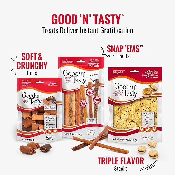 GOOD ‘N’ TASTY TRIPLE FLAVOR PUREE MIX-INS DOG FOOD TOPPER TREATS FOR ALL DOGS, 28 COUNT, EASY SINGLE-SERVE PORTIONS, ADDED PROTEIN WITH TUNA, CHICKEN AND DUCK