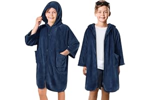 SUN CUBE Hooded Towel Robe for Kids, Zip Up Swim Parka Beach Cover Up for Girls Boys, Surf Poncho Changing Bath Towel 7-10